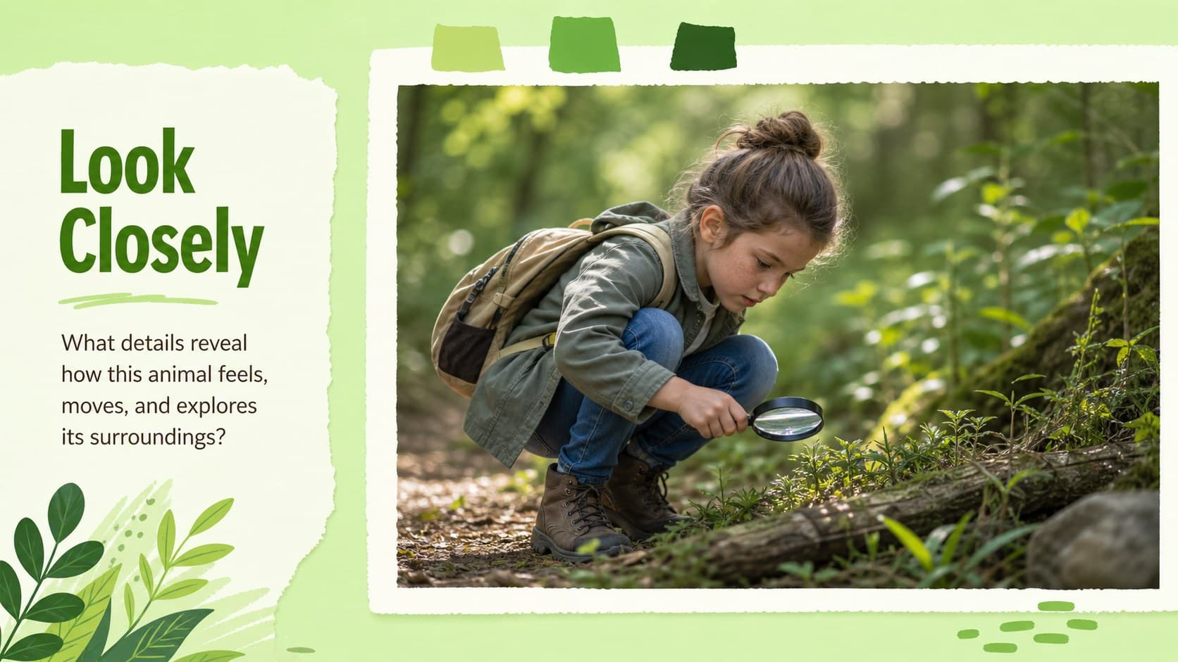 Image-led storytelling slide featuring tropical foliage and a playful animal observation prompt.