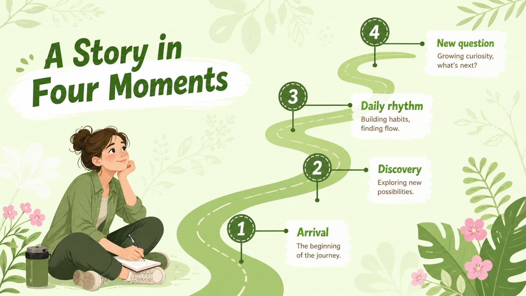 Wildlife timeline slide tracing a playful animal story through green tropical collage milestones.