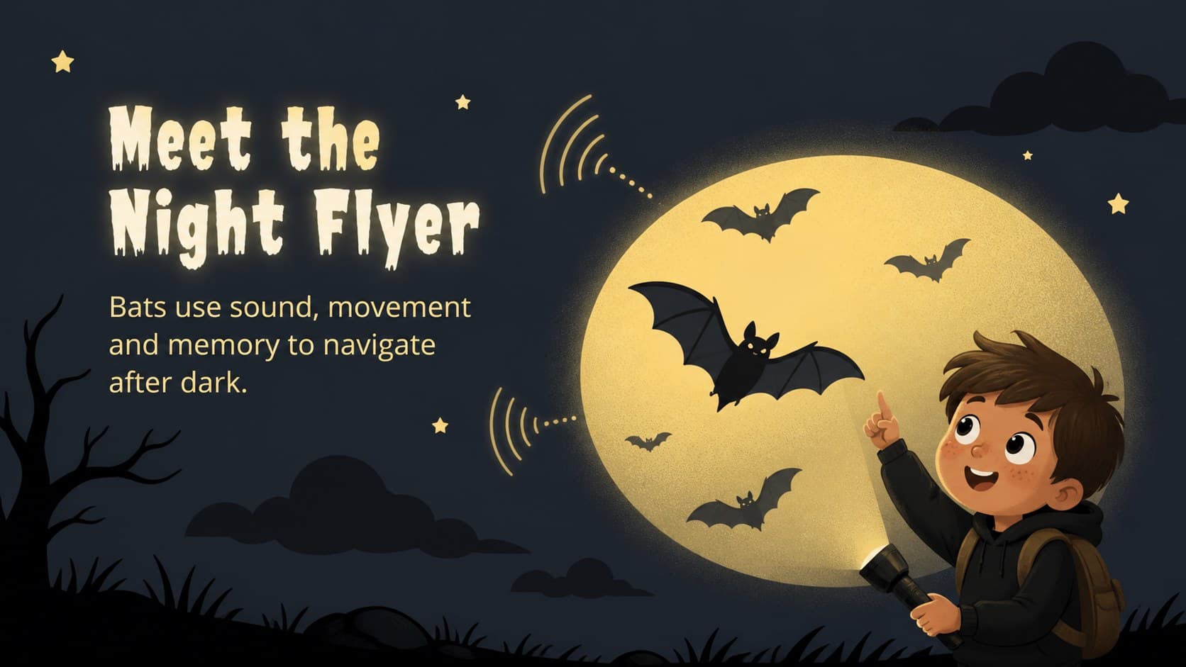 Bat themed classroom presentation slide introducing a friendly nocturnal animal topic.