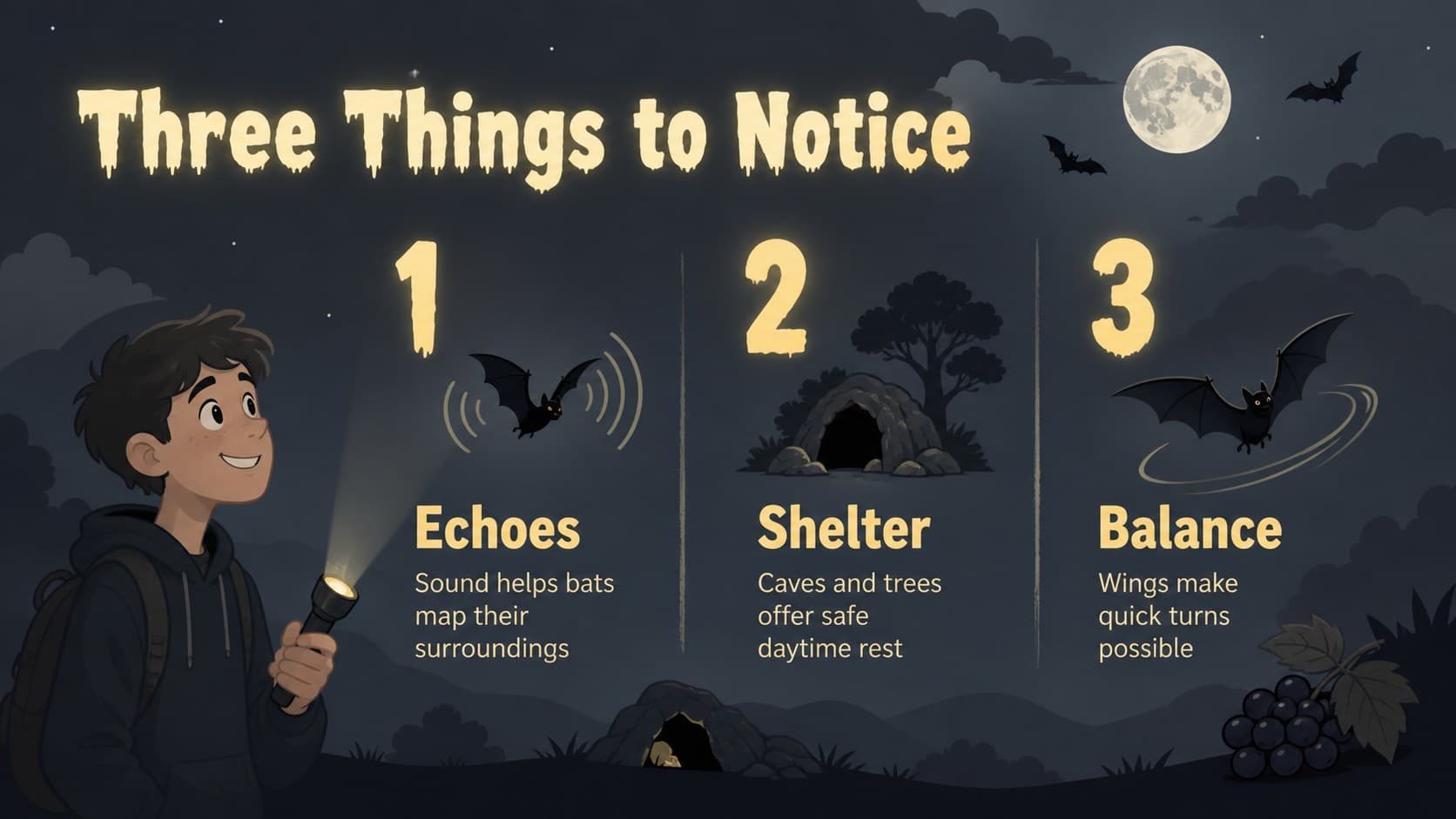 Kid friendly Halloween lesson slide with three illustrated facts about bats and nighttime behavior.