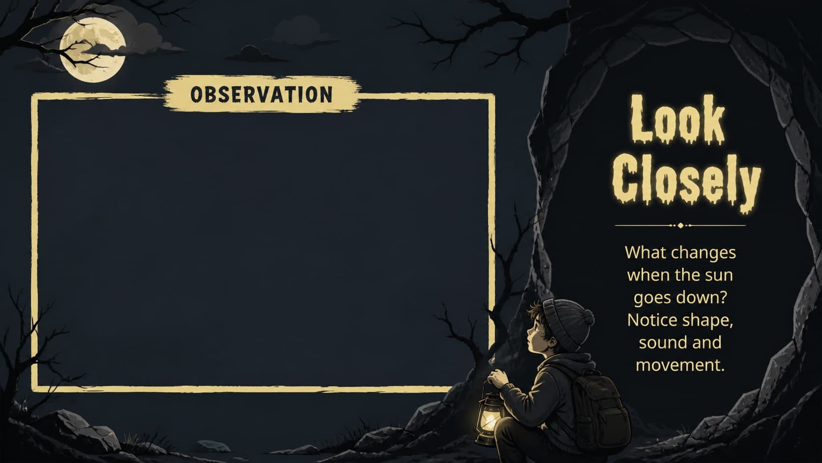 Halloween bat activity deck slide presenting a visual observation prompt with illustrated moon and cave elements.