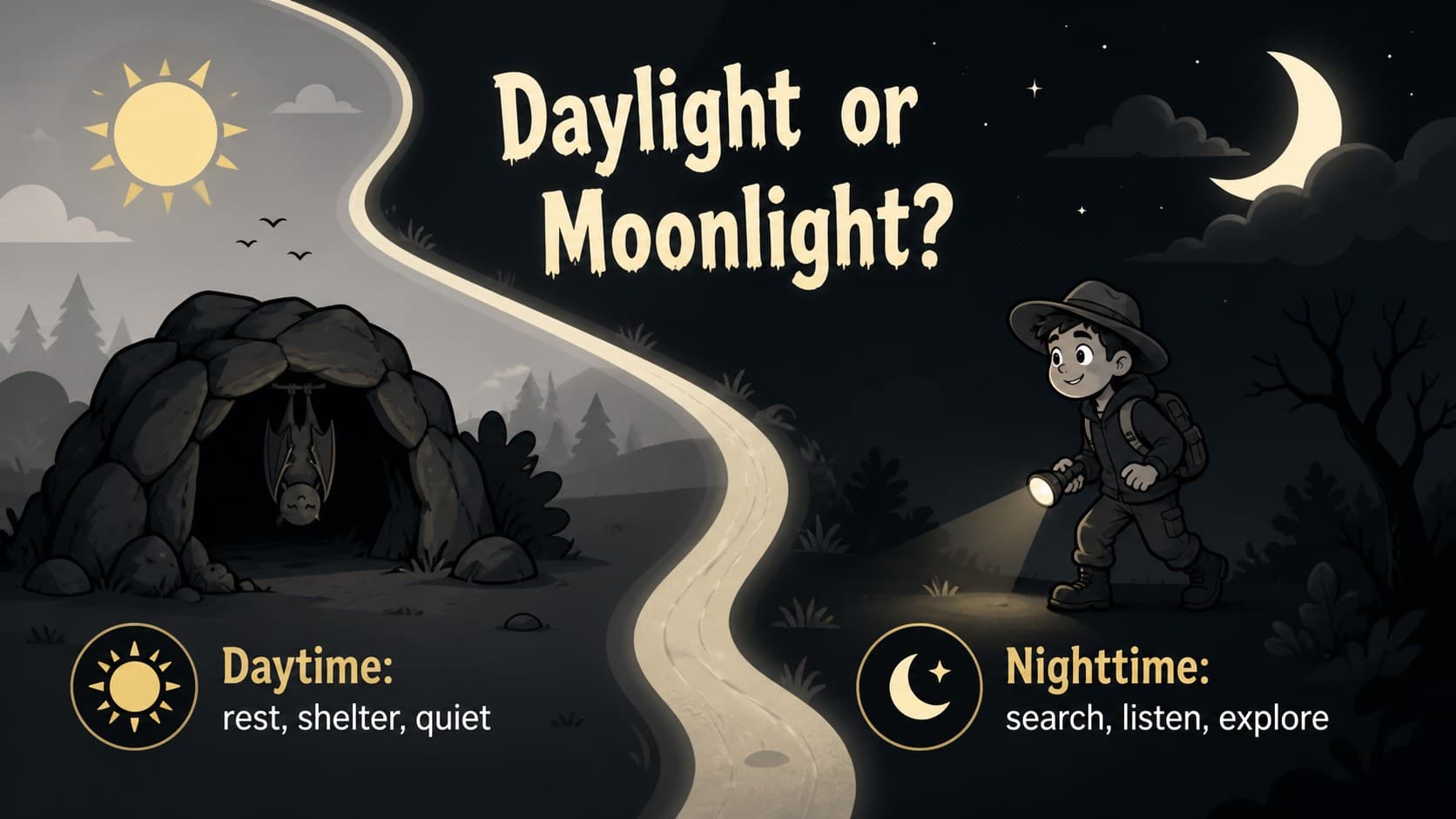 Nocturnal animals presentation template slide with a simple comparison between daytime and nighttime activity.