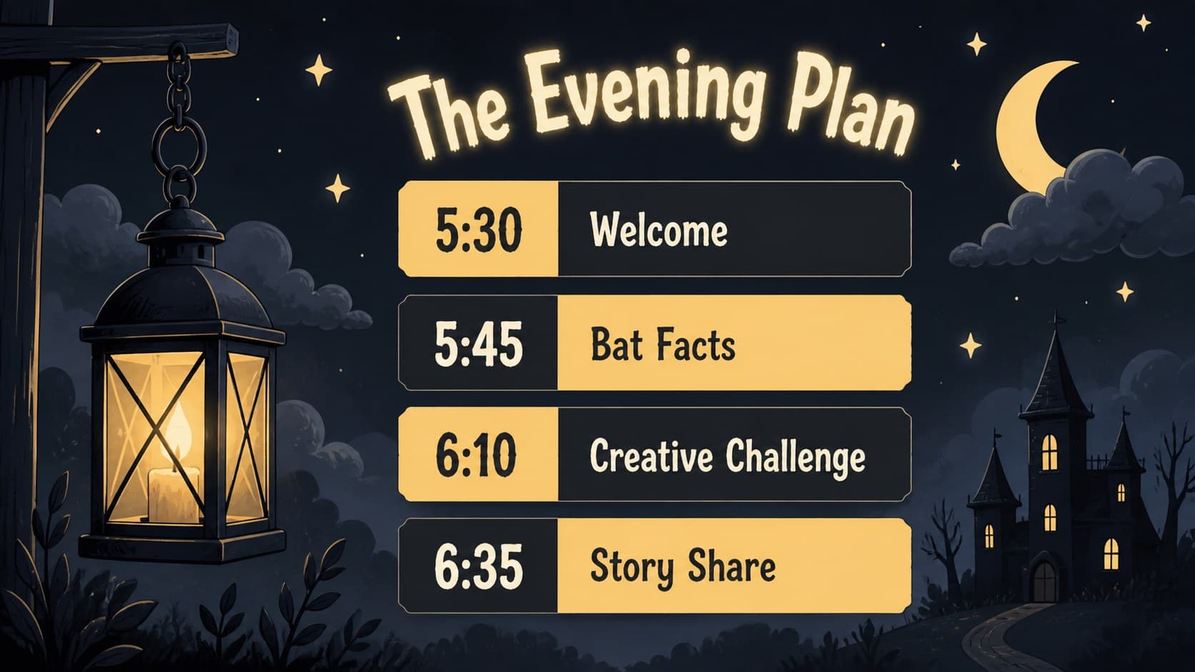 Editable Halloween event presentation slide with a highlighted activity schedule and bright yellow timing markers.