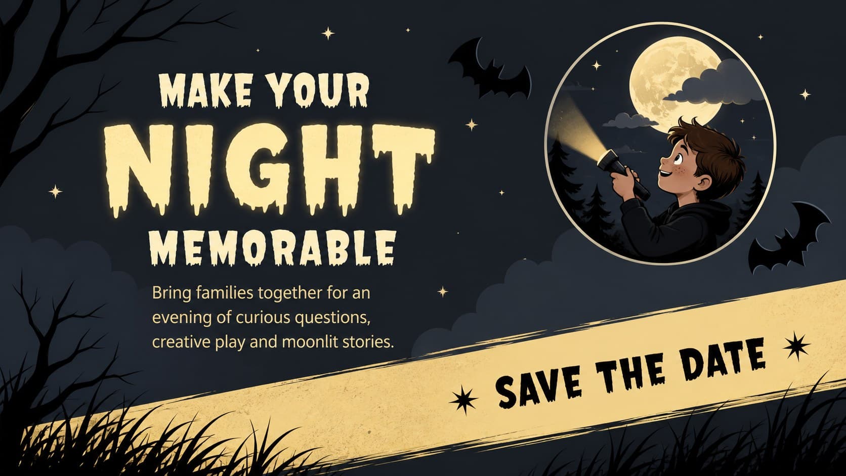Bat Halloween marketing slides layout showing a bold seasonal message beside original night illustrations.