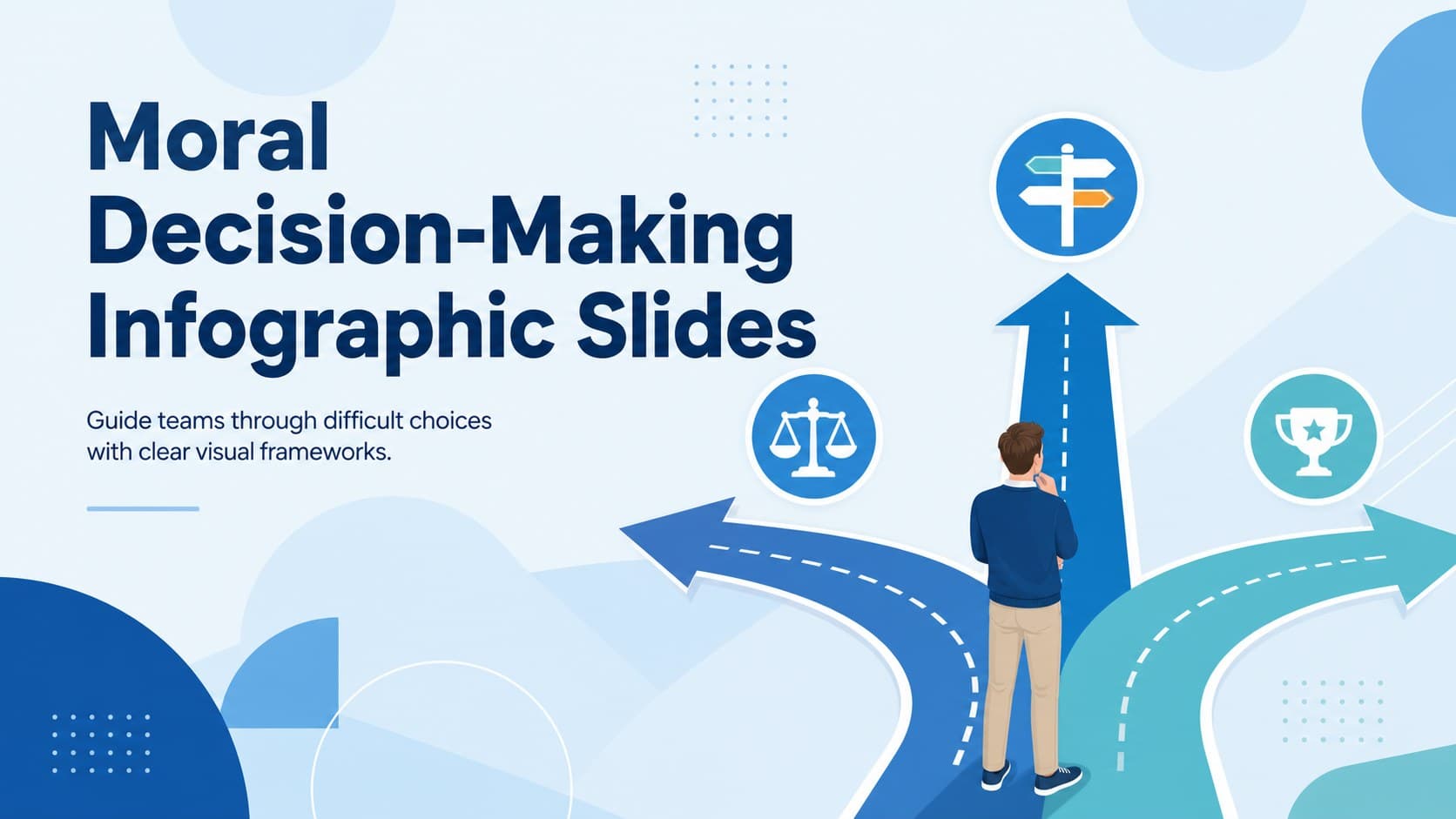 Cover for Moral Decision-Making Infographic Slides with blue geometric illustrations and a professional ethics theme.