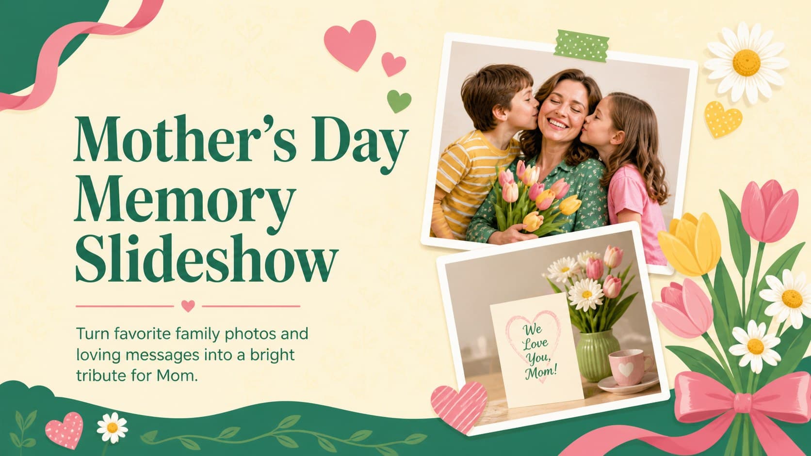Cover of a Mother's Day memory slideshow with cheerful flowers, framed family photos, and bright green, yellow, and pink accents.