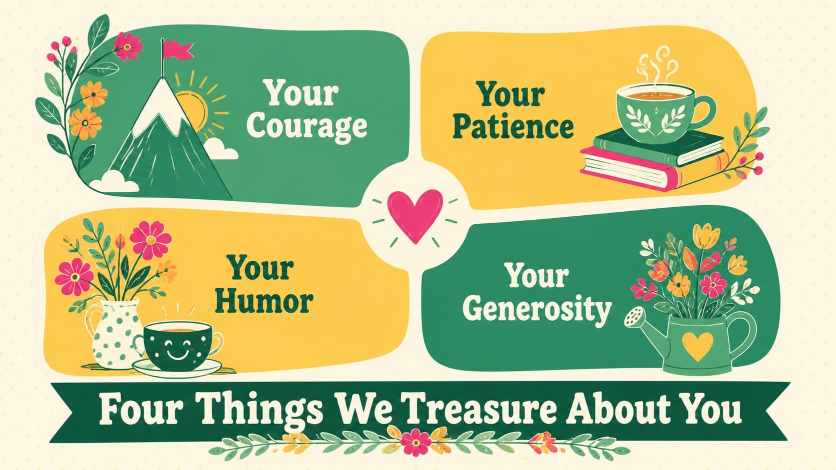 A heartfelt presentation for mother listing four qualities beside playful floral and heart illustrations.