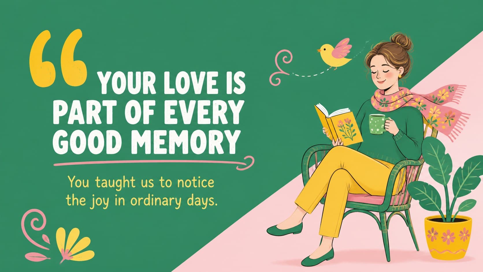 A Mother's Day celebration slideshow slide with a warm family quote and an illustrated portrait of Mom.