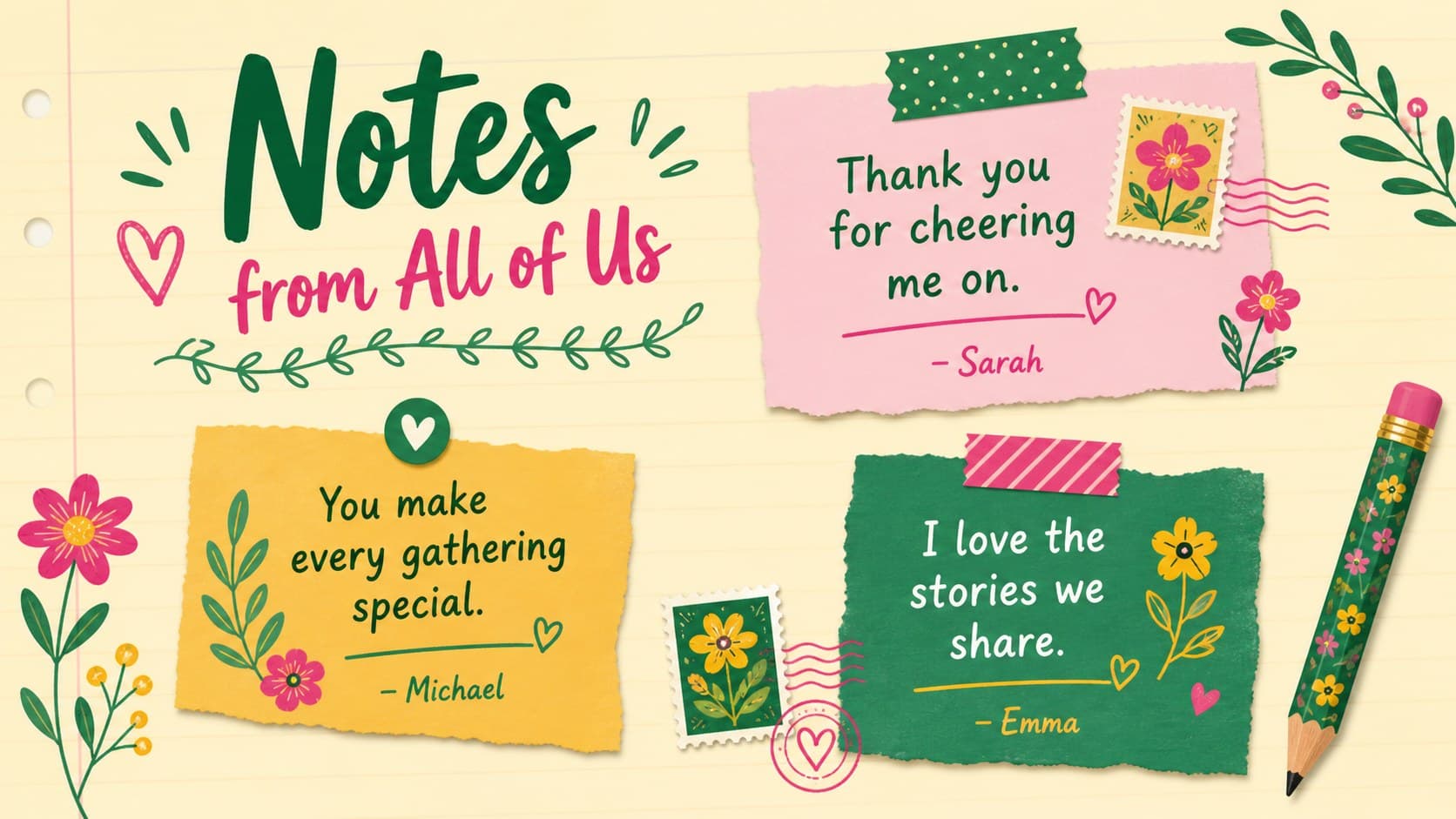 A mother appreciation presentation for kids with colorful handwritten messages in illustrated note shapes.