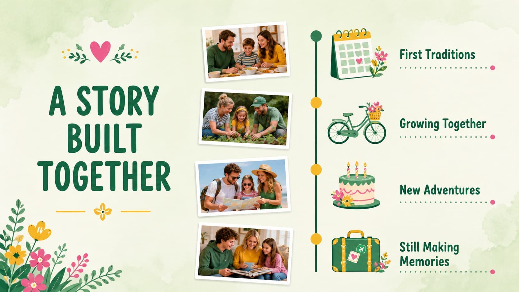 A family photo tribute presentation showing a four-step timeline of cherished milestones with Mom.