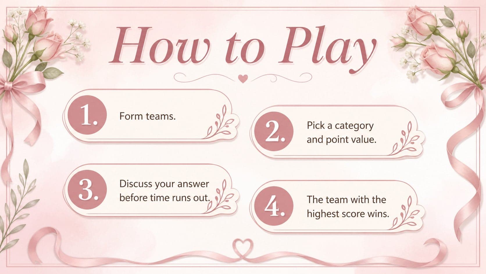 Floral Mother's Day quiz instructions slide explaining teams, category selection, points, and winning.