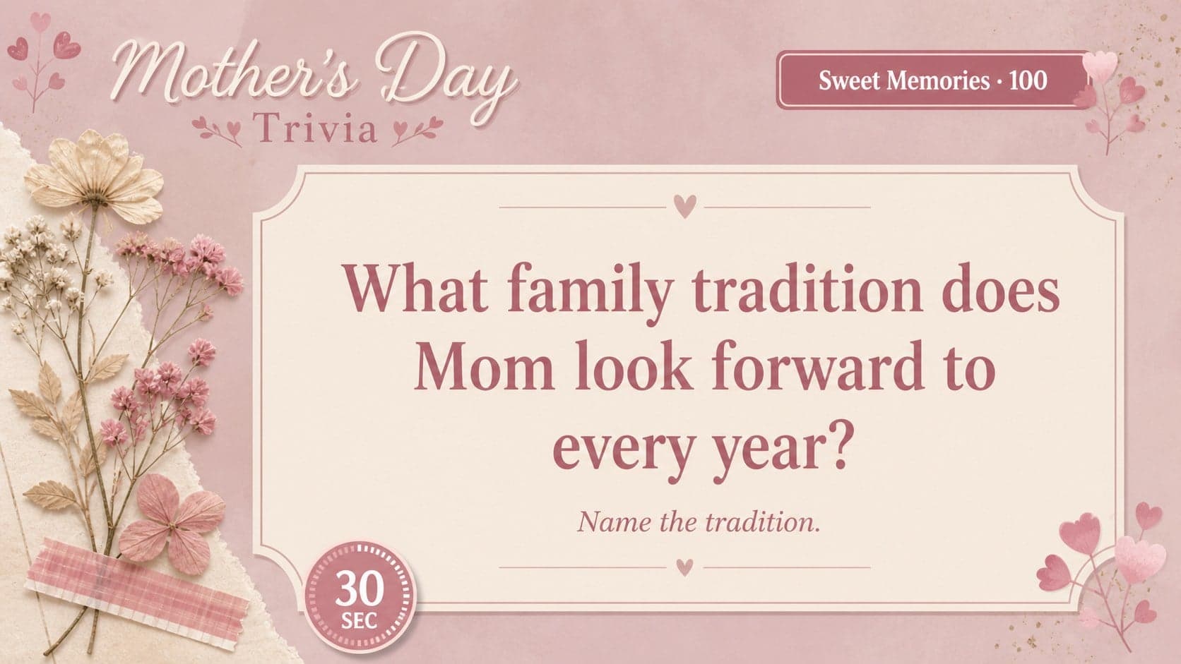 Pink floral family trivia question slide from the Sweet Memories round of a Mother's Day quiz.
