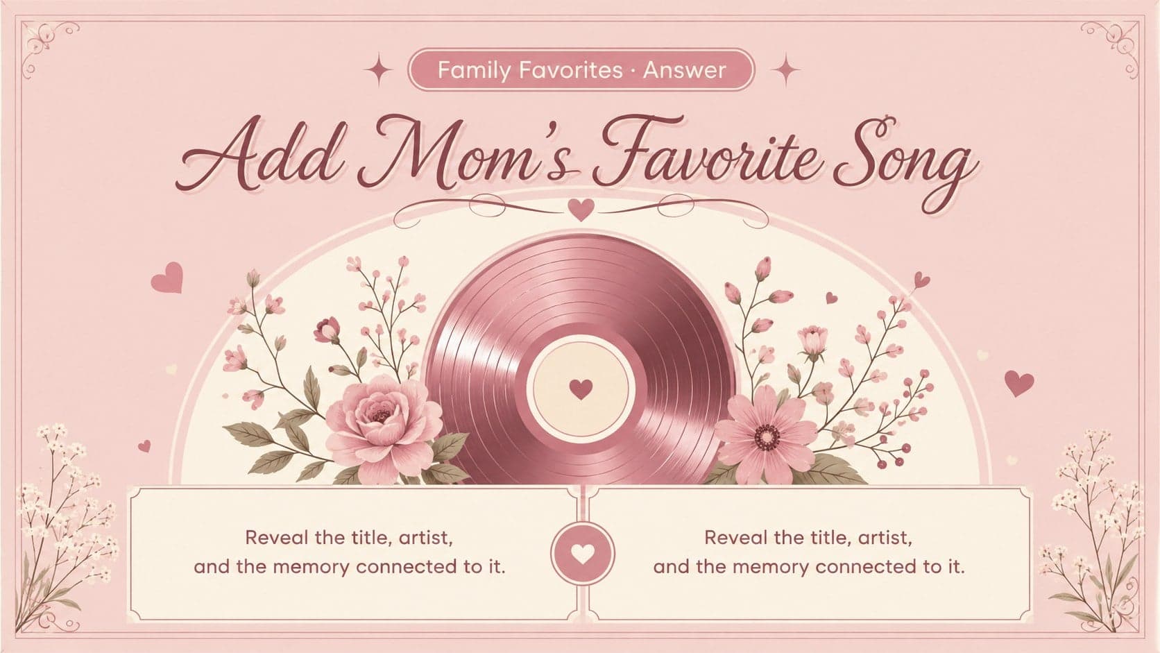 Customizable answer reveal for a family favorite song in a Mother's Day quiz presentation.