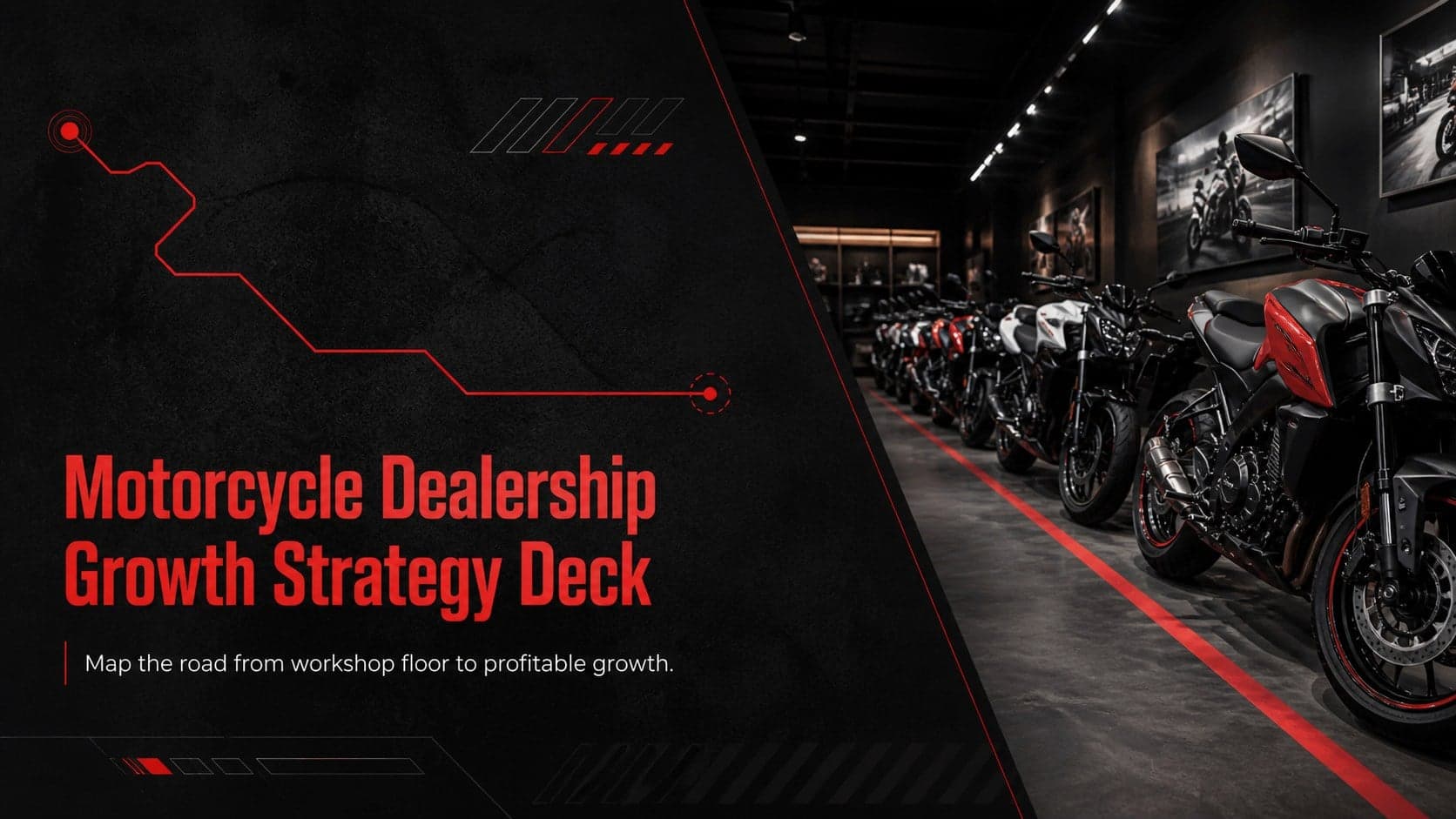 Black and red cover for a motorcycle dealership growth strategy deck featuring a modern motorcycle showroom image.