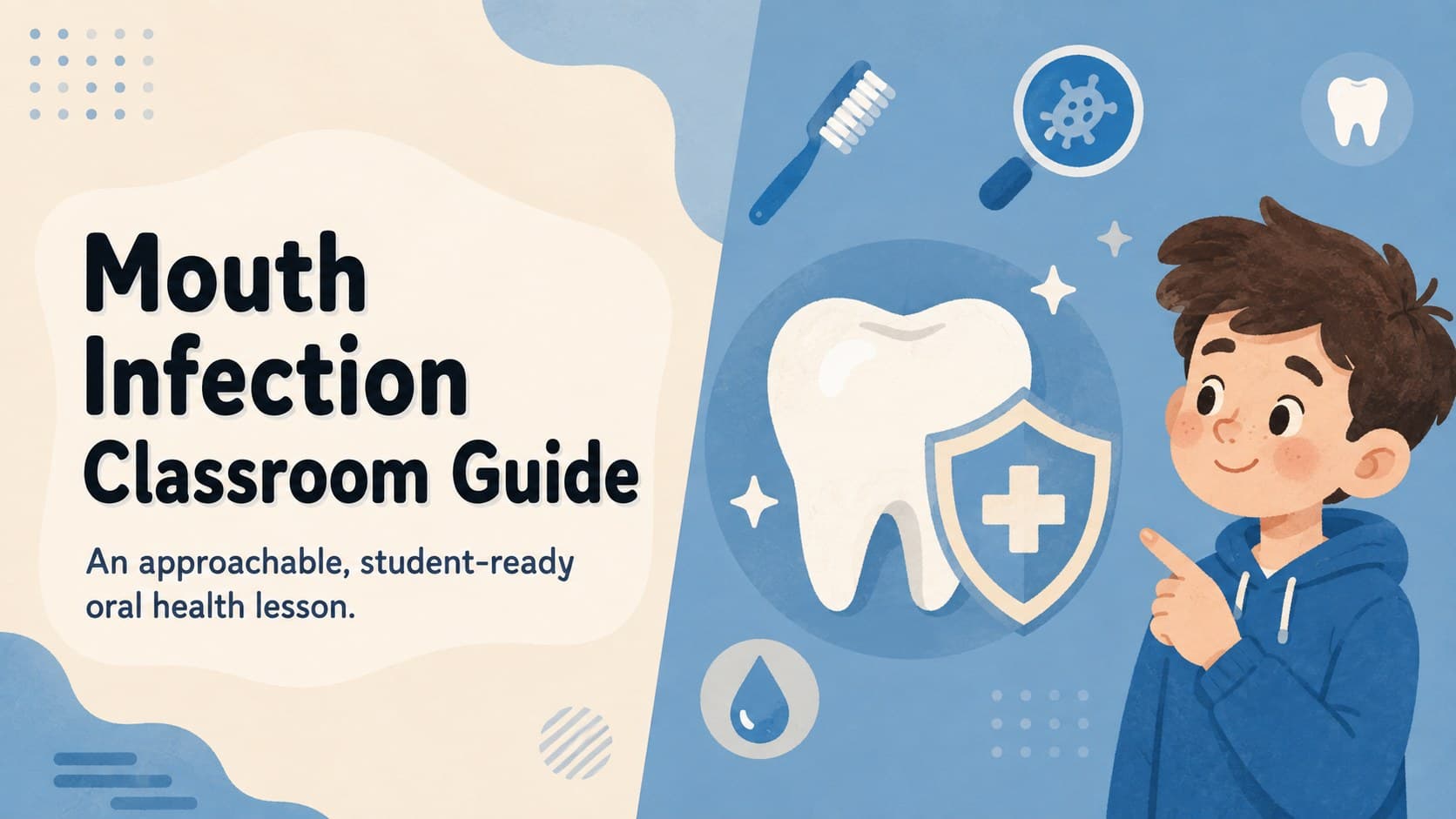 Cover of the Mouth Infection Classroom Guide with blue and beige oral health illustrations.