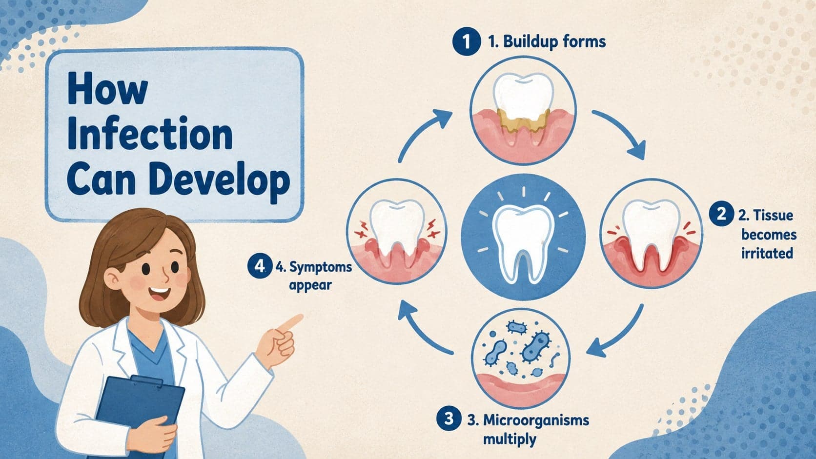 Oral health education slide illustrating how a mouth infection can develop.