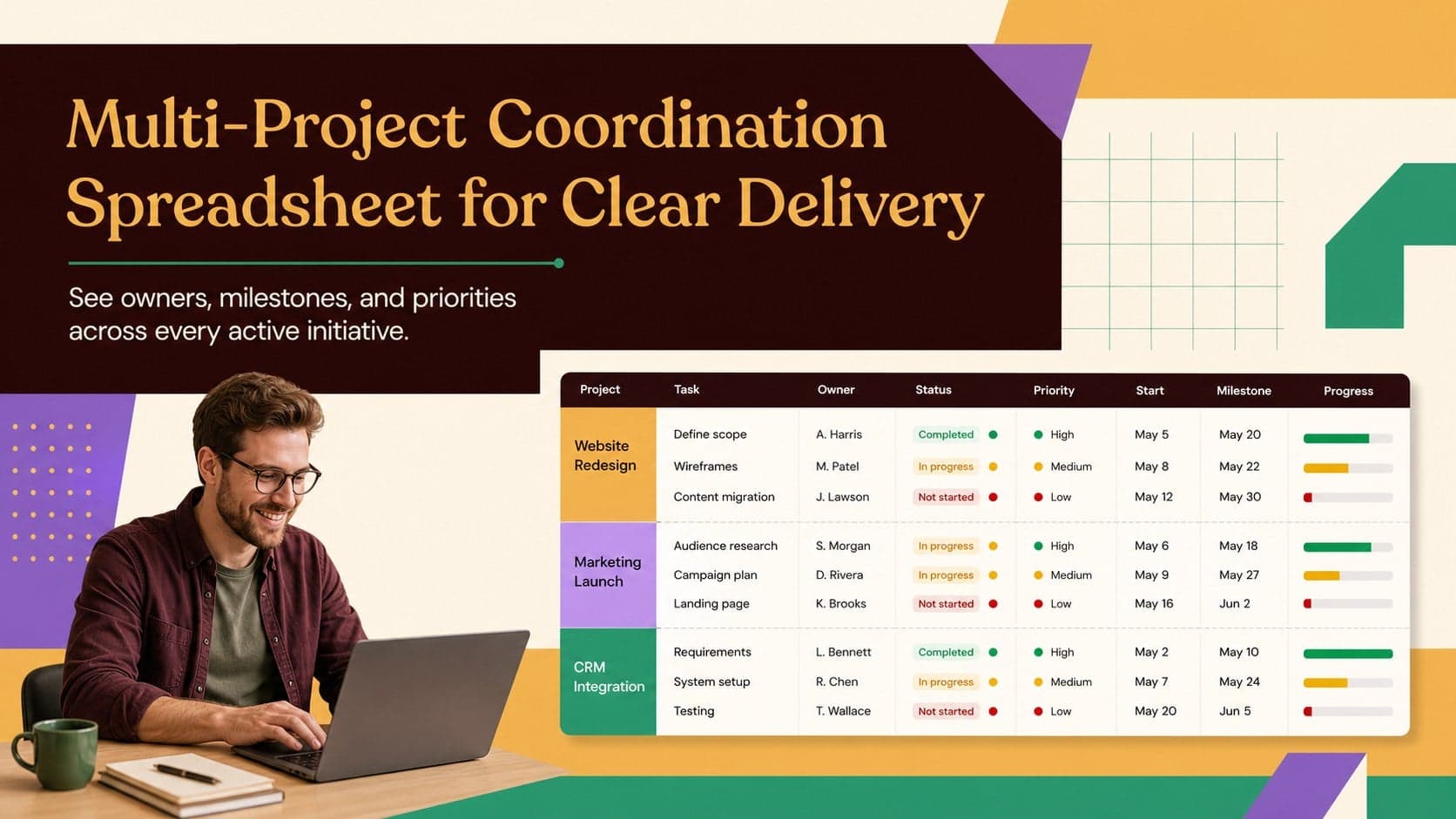Cover preview for a colorful multi-project coordination spreadsheet with geometric brown, yellow, purple, and green accents.