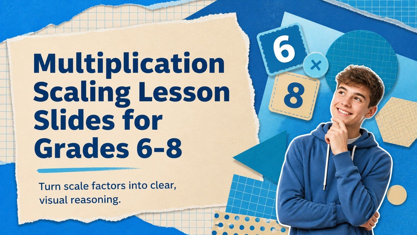 Blue-and-beige scrapbook cover for Multiplication Scaling Lesson Slides for Grades 6-8 with scale factor illustrations.