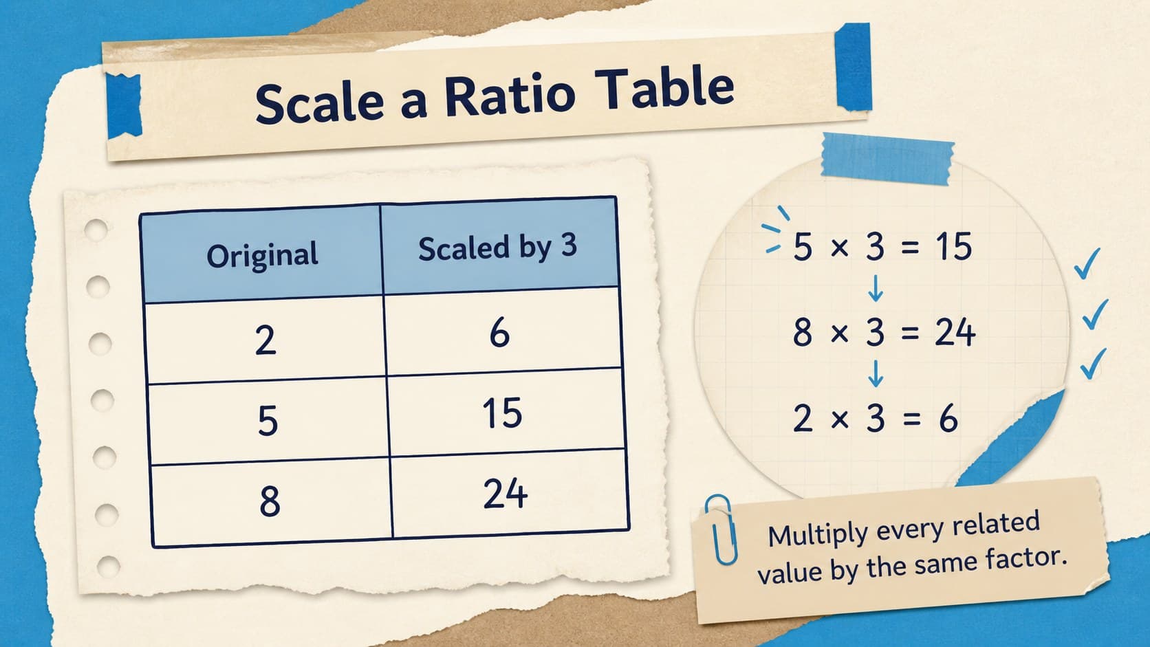 Ratio table activity demonstrating how multiplication scales related quantities.