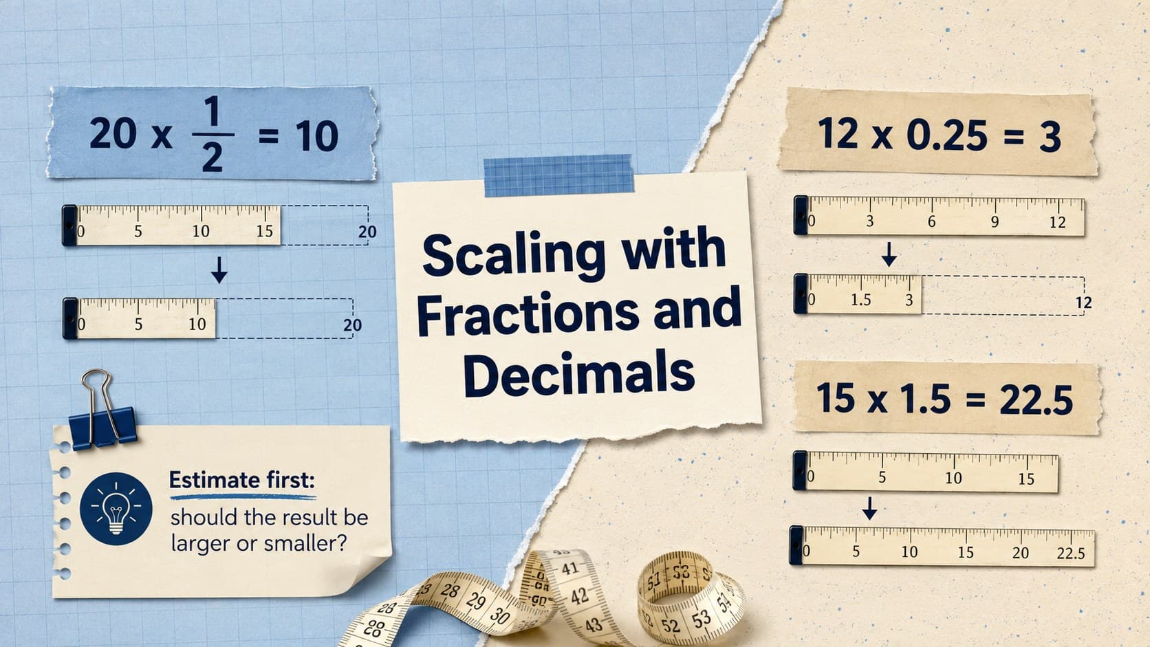 Fraction and decimal scale factor examples arranged in a blue-and-beige scrapbook lesson layout.