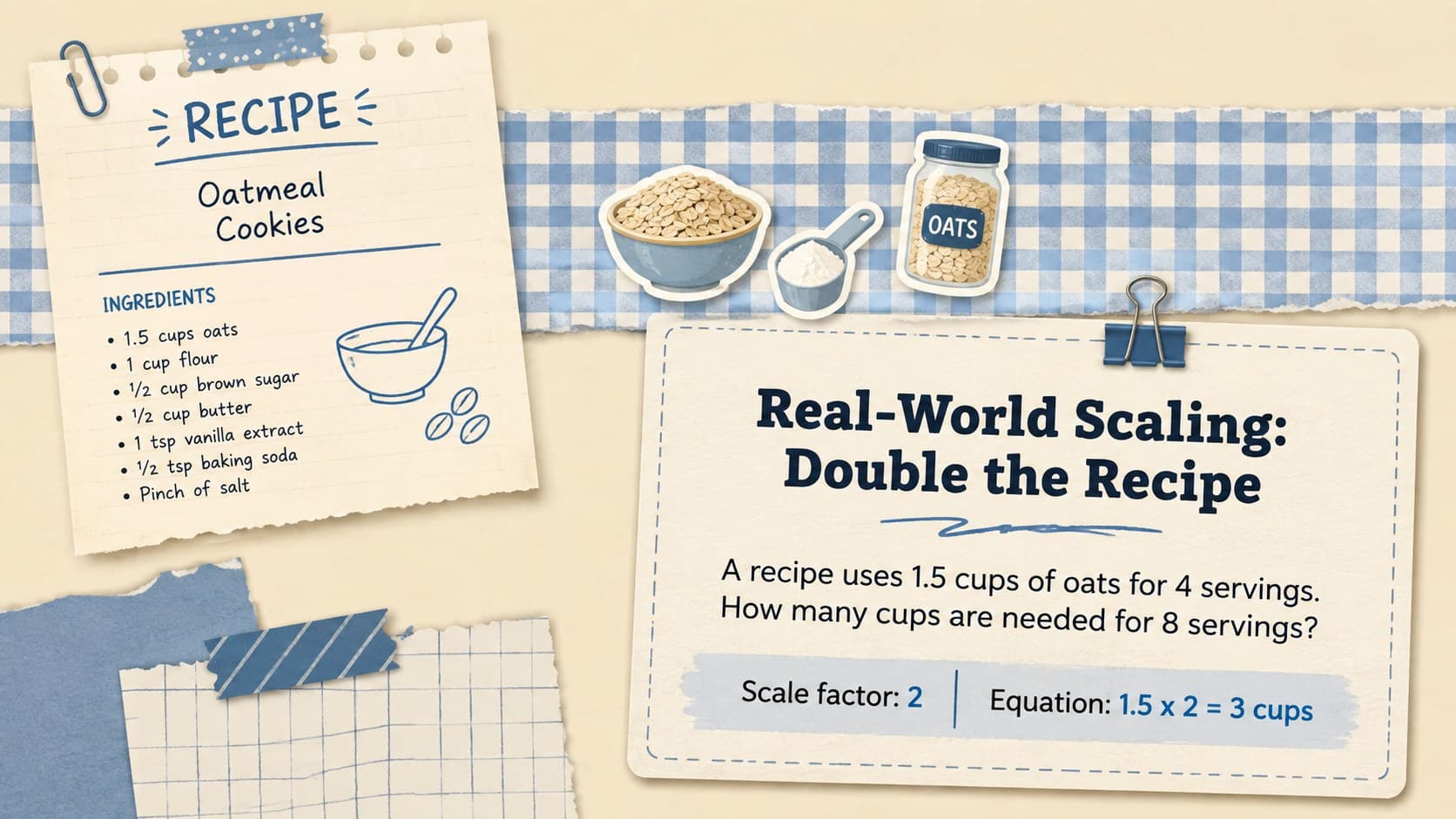 Recipe scaling word problem for a middle school multiplication and proportional reasoning lesson.