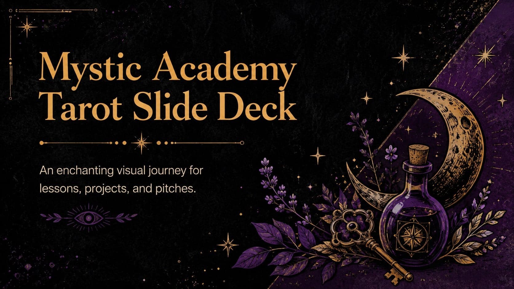 Cover of the Mystic Academy Tarot Slide Deck with celestial ornaments and black, purple, and gold fantasy artwork.