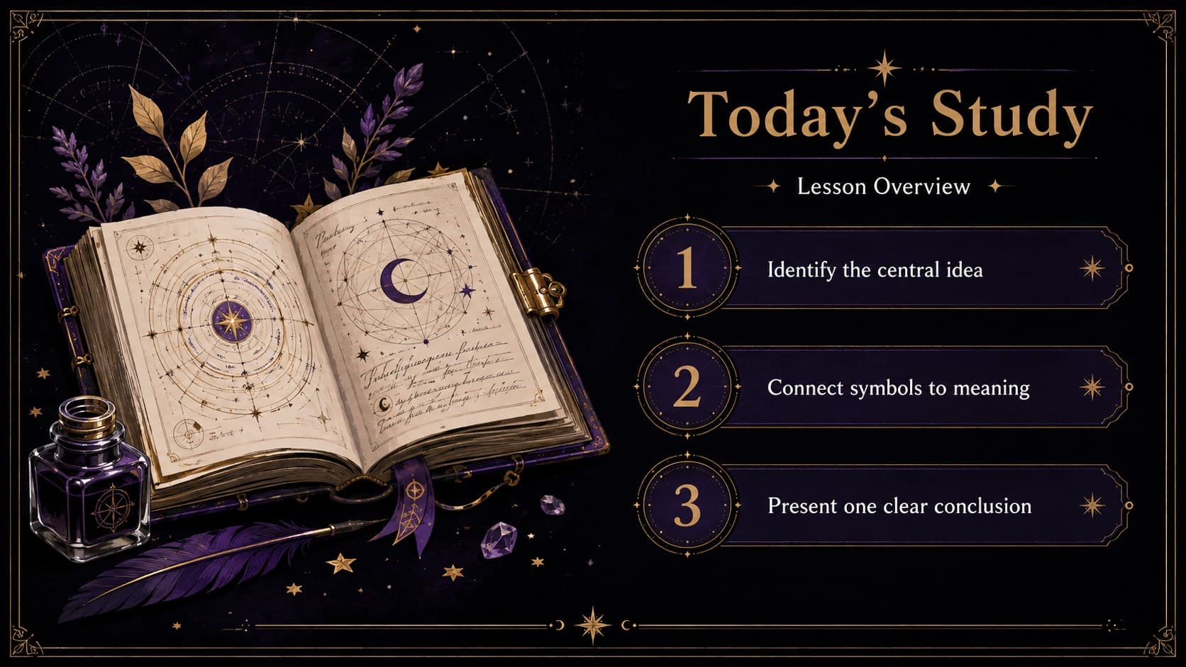 Fantasy lesson overview slide with an illustrated spellbook and three learning goals in a purple and gold layout.