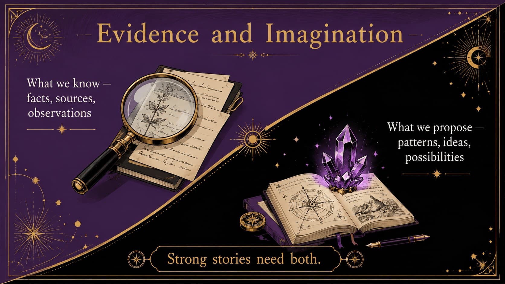 Black gold purple presentation slide comparing research evidence with imaginative interpretation.