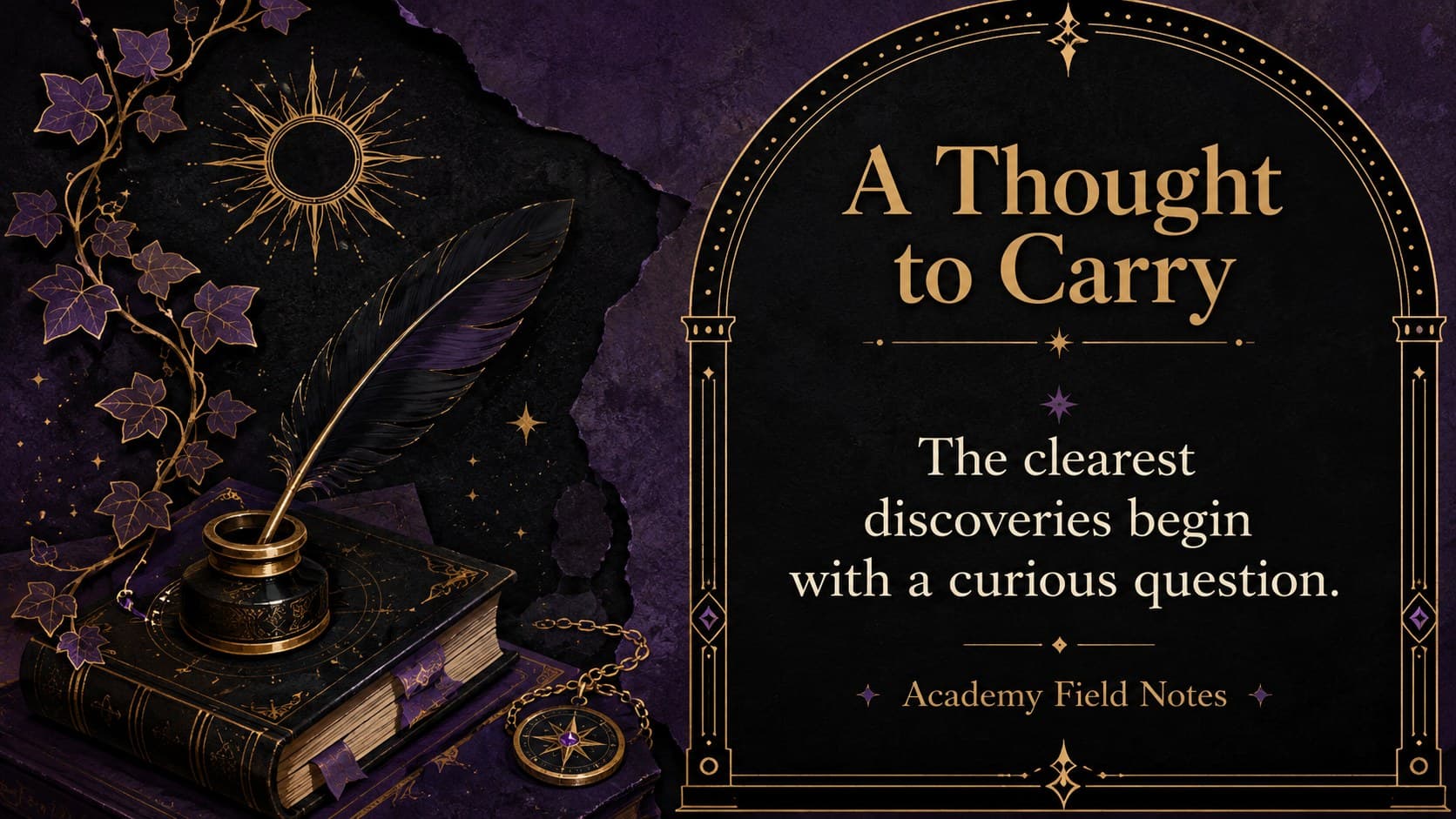 Wizard school lesson slide featuring a quote inside an ornate purple and gold celestial frame.