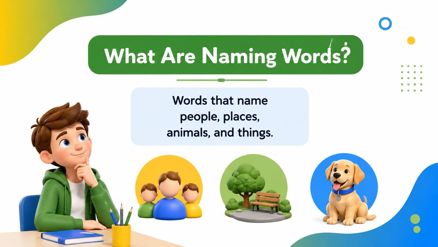 First grade grammar activity slide introducing naming words with bright 3D examples.