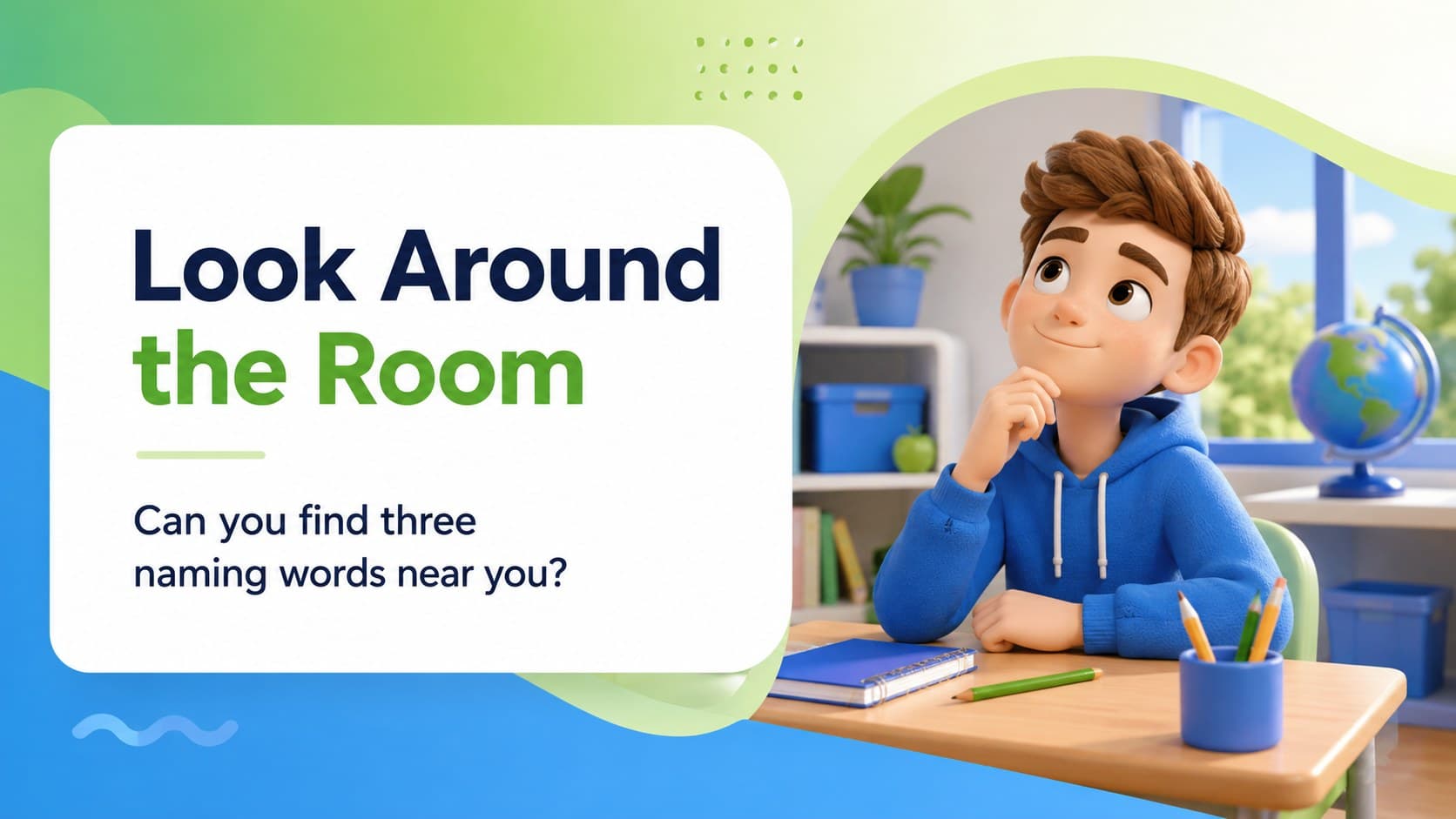 Interactive nouns lesson slide with colorful picture prompts for first grade learners.
