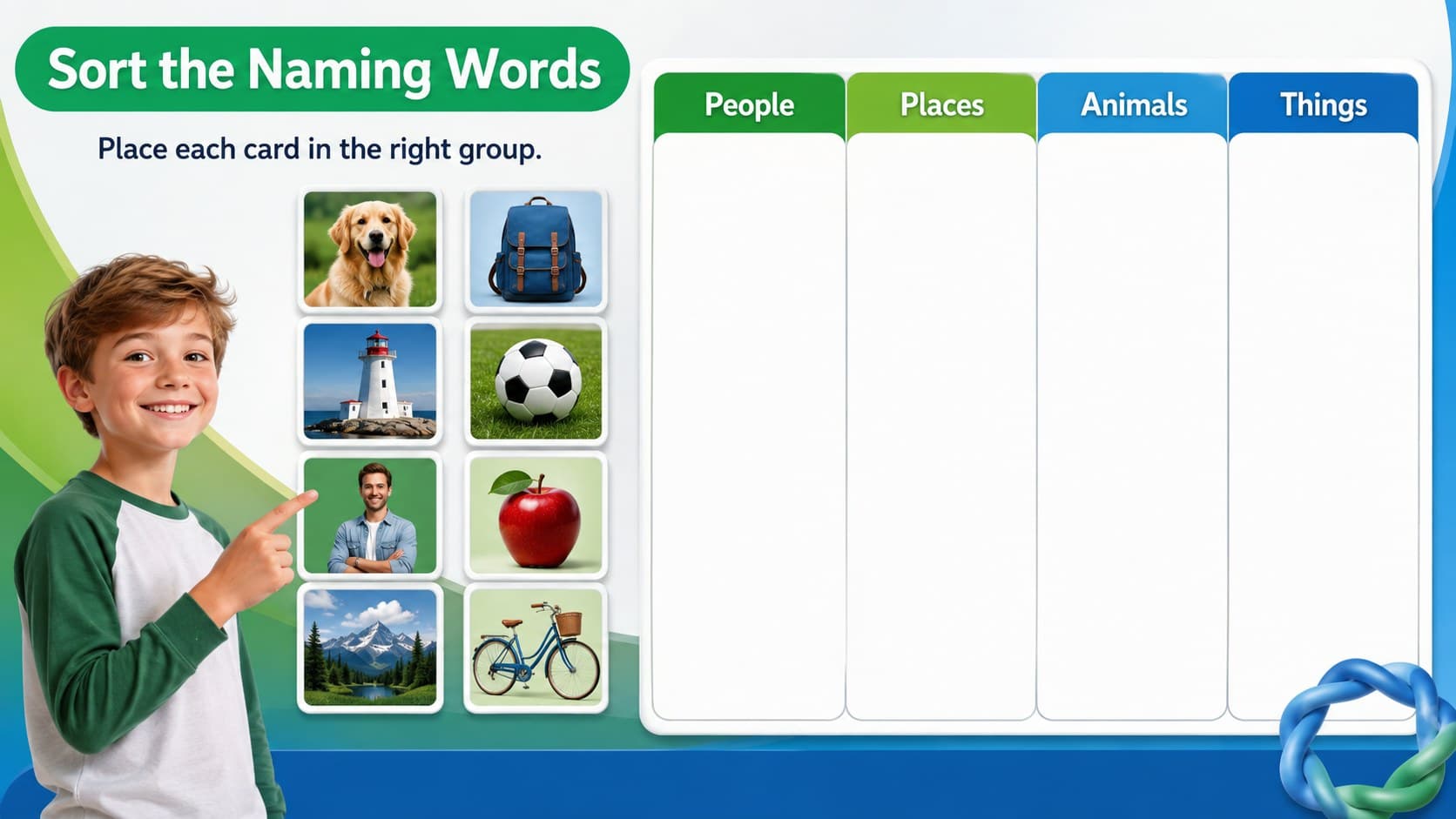 Noun sorting activity slide with picture cards for young grammar learners.