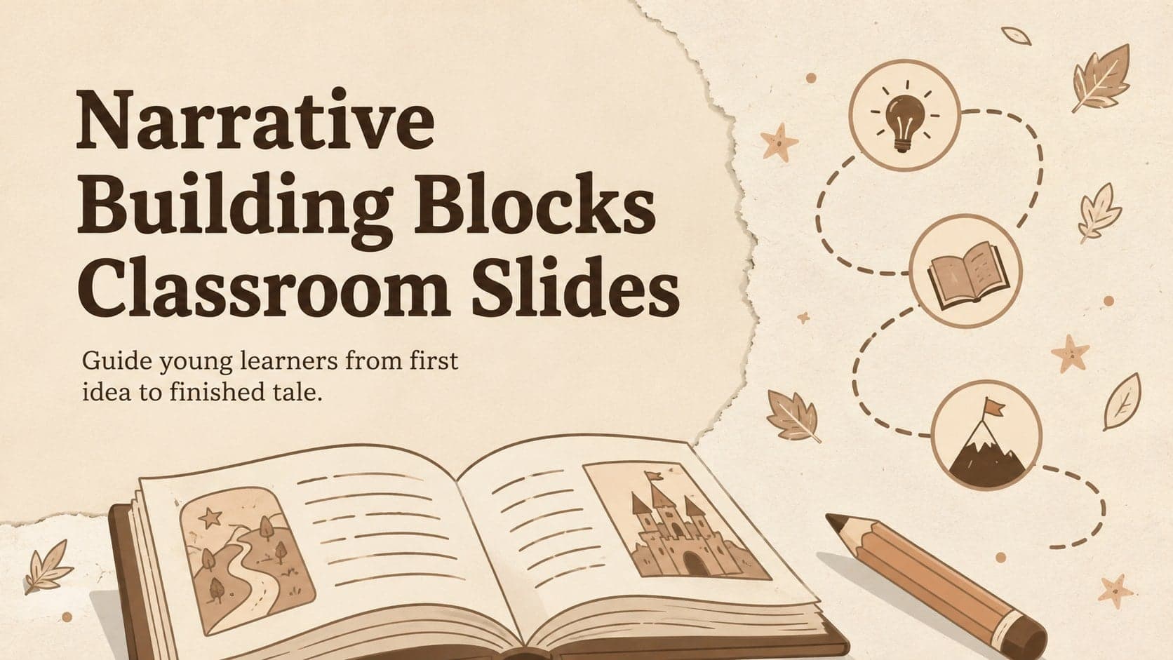 Cover for Narrative Building Blocks Classroom Slides with warm illustrated storytelling symbols in beige and brown.