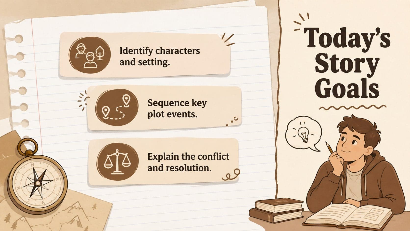 Elementary story elements presentation slide outlining goals for characters, setting, plot, conflict, and resolution.