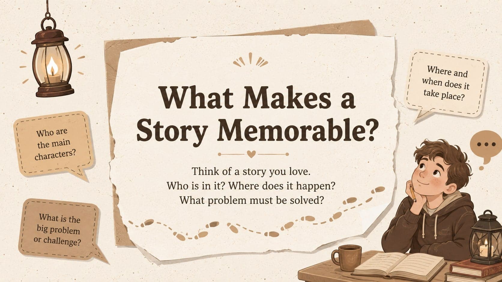 Storytelling warm-up slide asking elementary students what makes a story memorable.