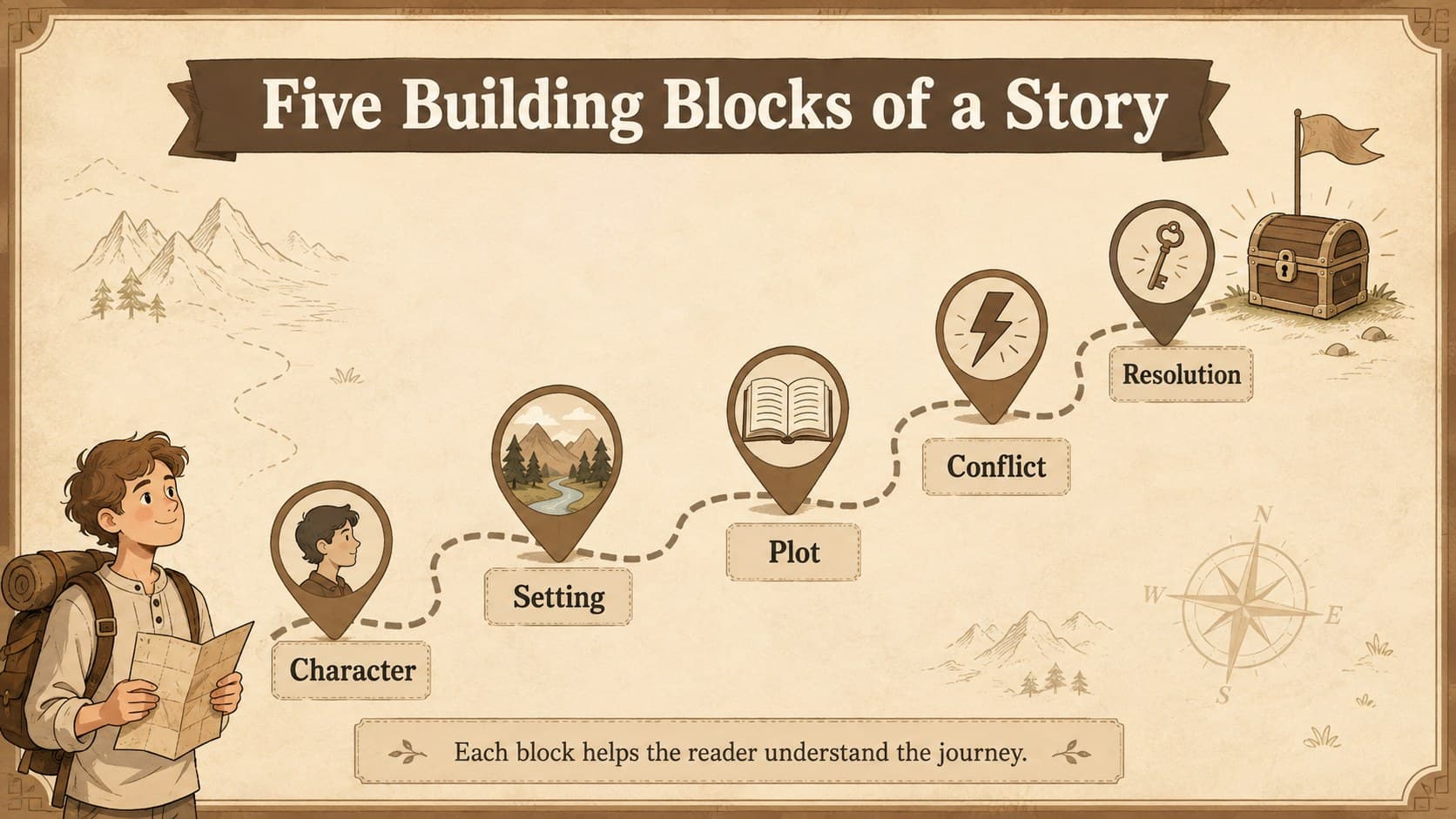 Illustrated story elements lesson slide showing character, setting, plot, conflict, and resolution.