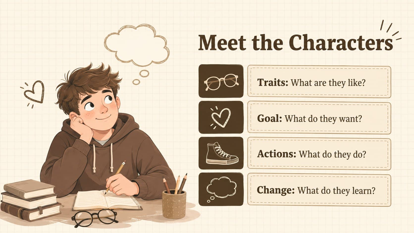 Character development lesson slide with prompts about traits, goals, actions, and change.