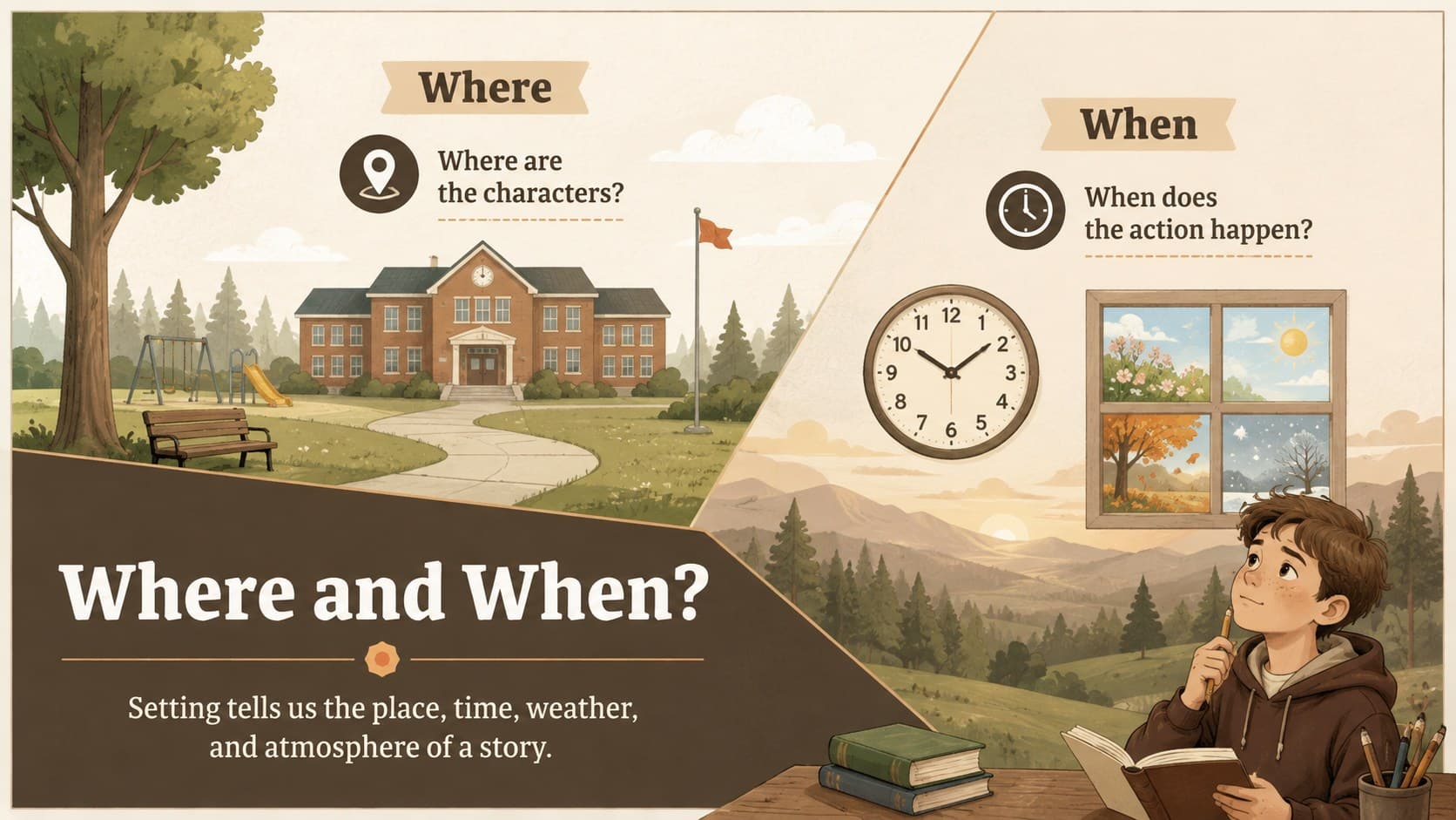 Elementary setting lesson slide comparing where and when a narrative takes place.