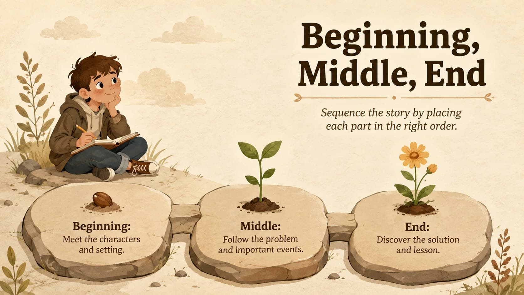 Beginning middle end graphic organizer with three connected stages for sequencing a story.