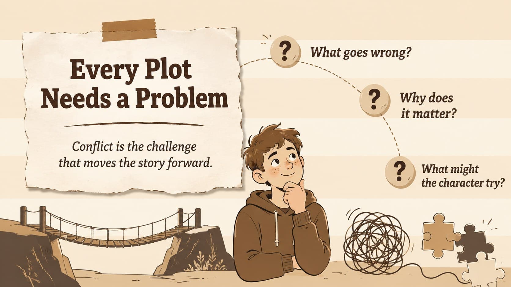 Character setting conflict lesson slide explaining the central problem that drives a plot.