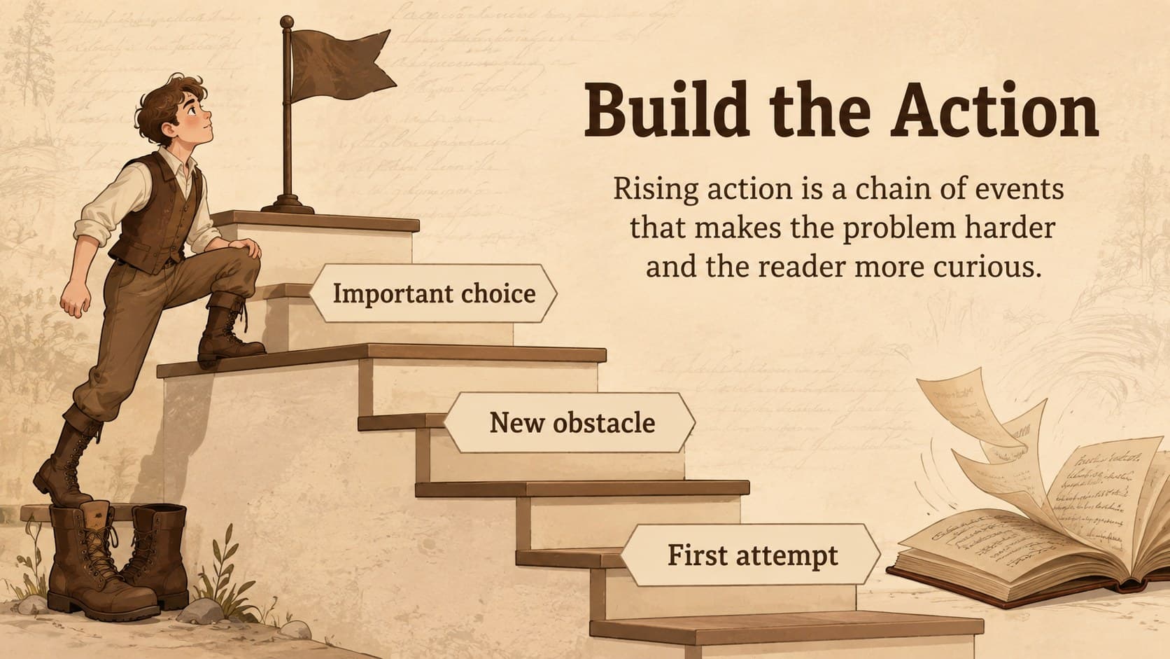 Plot structure lesson slide visualizing rising action as increasingly challenging story events.