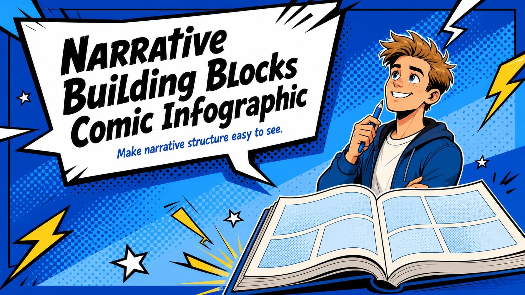 Cover for a Narrative Building Blocks Comic Infographic with blue pop-art panels and original storytelling graphics.