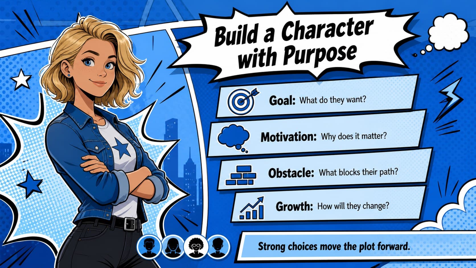 Narrative elements classroom slide mapping a protagonist's goal, motivation, obstacle, and growth.