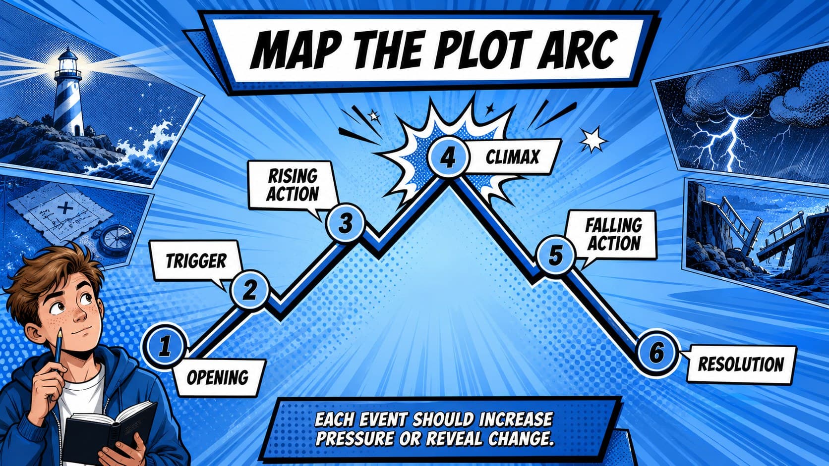 Visual storytelling lesson presentation with a comic-style plot arc from opening to climax and resolution.