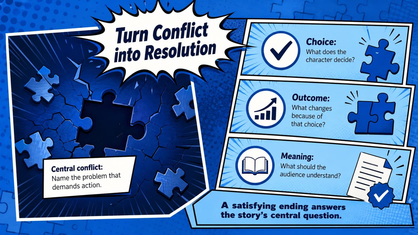 Comic narrative planning deck slide connecting conflict, character choice, outcome, and final story resolution.
