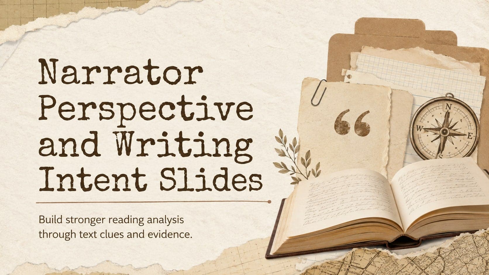 Cover for narrator perspective and writing intent slides in a warm brown vintage scrapbook style.