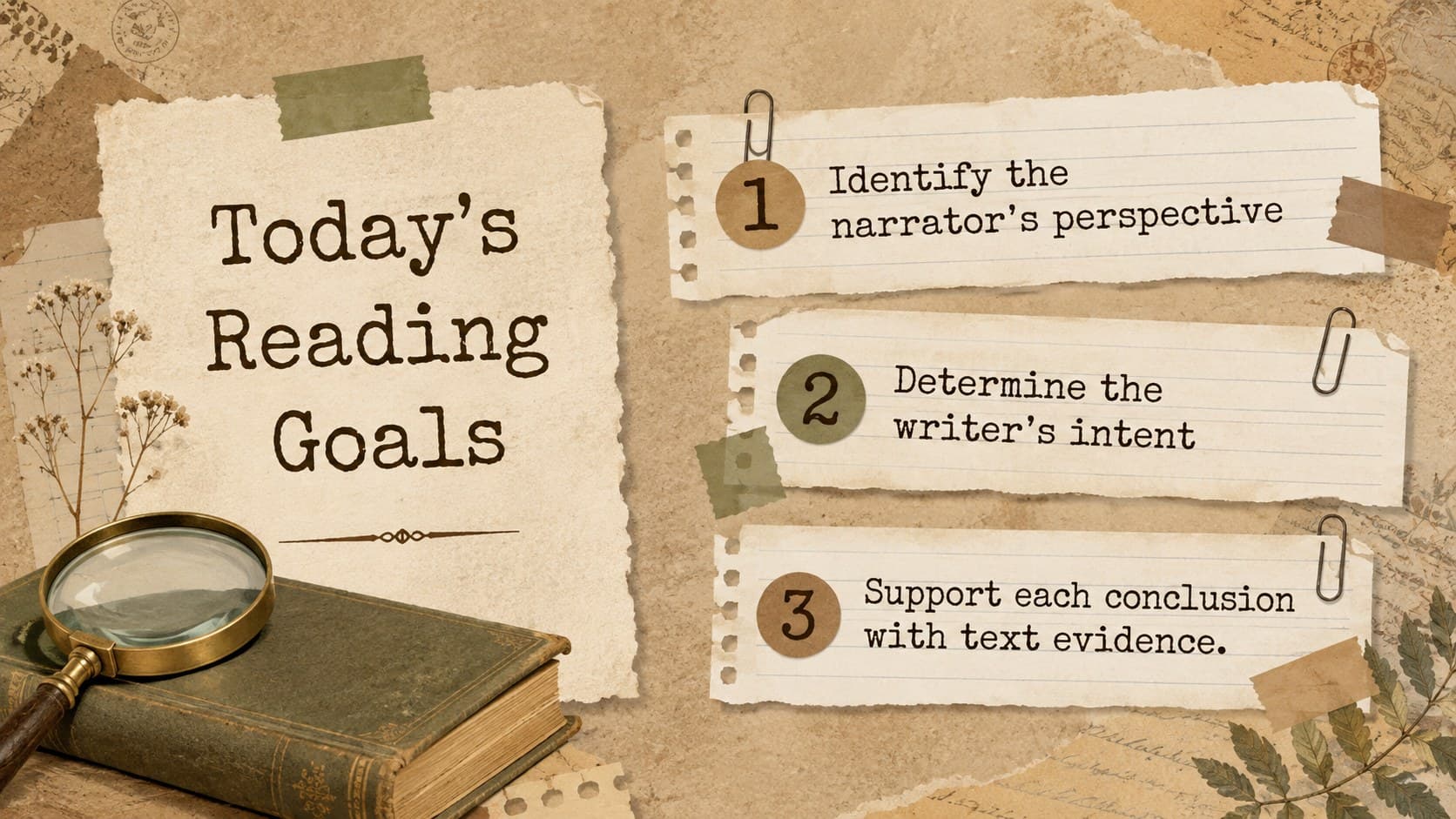 Middle school reading lesson slide outlining goals for narrative voice, writing intent, and text evidence.