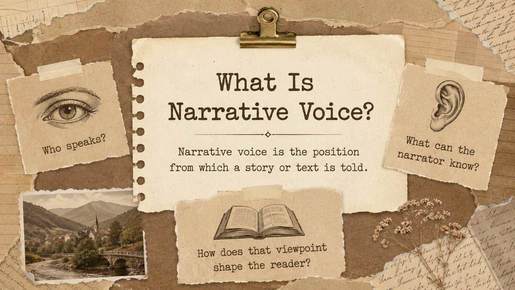 Narrative voice teaching presentation slide explaining how a narrator shapes a reader's understanding.
