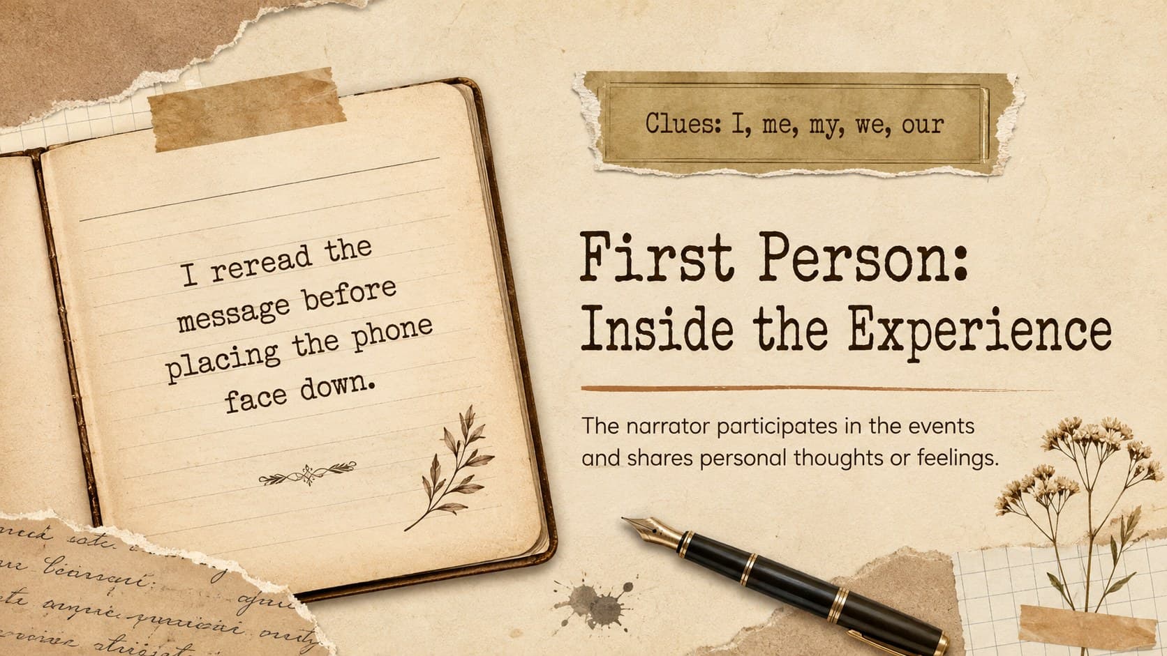 First-person narration lesson slide featuring pronoun clues and a short reading example.