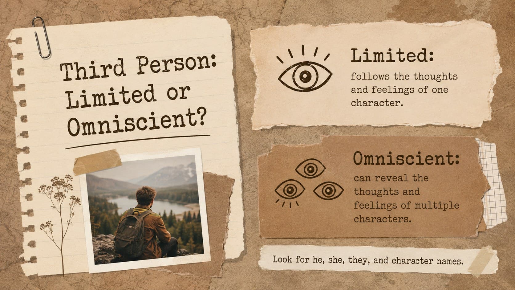 Third-person narration slide comparing limited and omniscient perspectives for middle school readers.